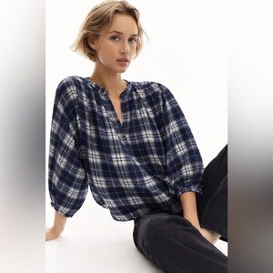 Madewell Navy Plaid Preasant Top Cotton Linen Size Small EUC